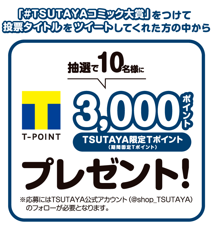 「#TSUTAYAコミック大賞」をつけてツイートしてくれた方の中から抽選でTSUTAYA限定Tポイント3,000ptプレゼント