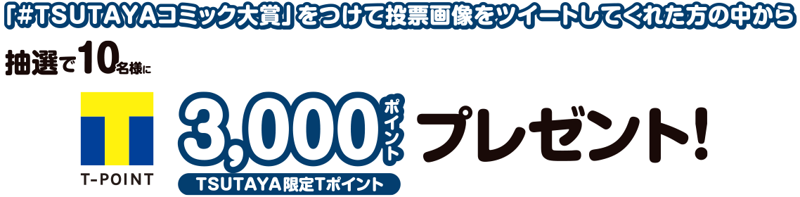 「#TSUTAYAコミック大賞」をつけて投票画像をツイートしてくれた方の中から抽選で10名様にTSUTAYA限定Tポイント3,000ポイントプレゼント!